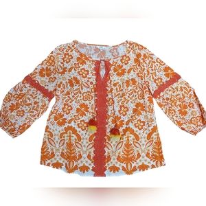 NWOT  Crown & Ivy *Sz Med* Peasant top 3/4 Sleeve Lace Tassels Orange Rayon